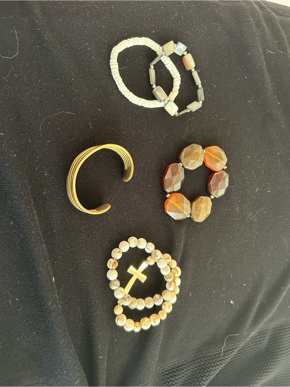 6pc Mixed Bracelet Lot – Acrylic, Shell, Cross & Gold Tone Cuff